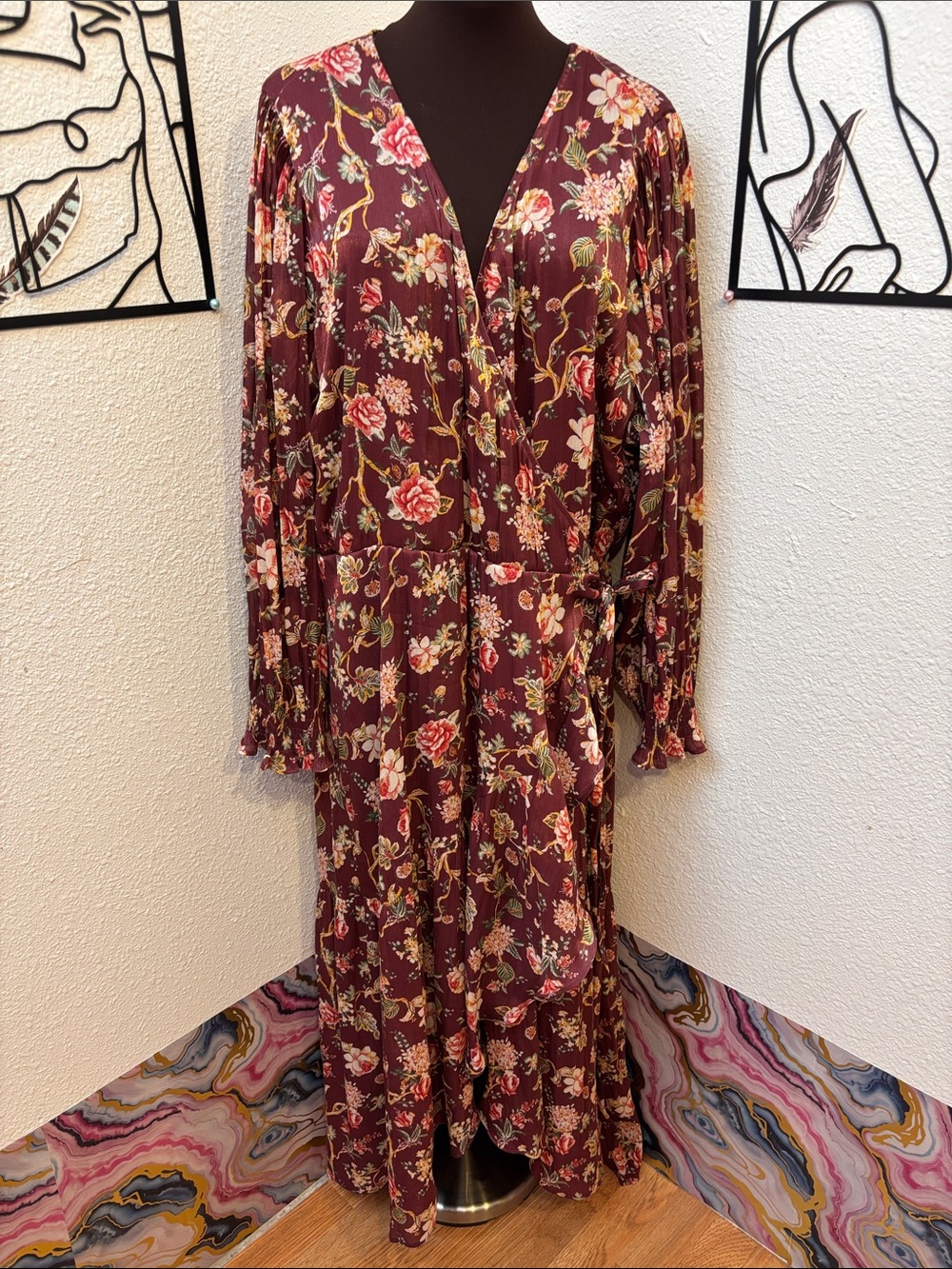 LC Lauren Conrad Burgundy Floral High-Low Ruffle Wrap Dress Size 3X